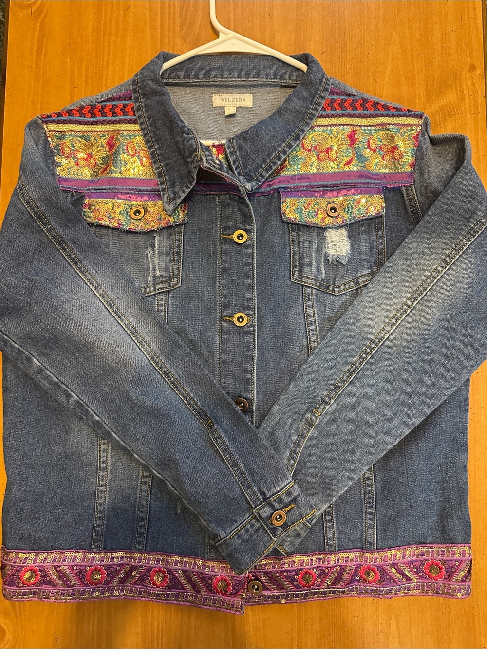 Velzera Denim Jacket with Purple and Gold Embroidered Accents